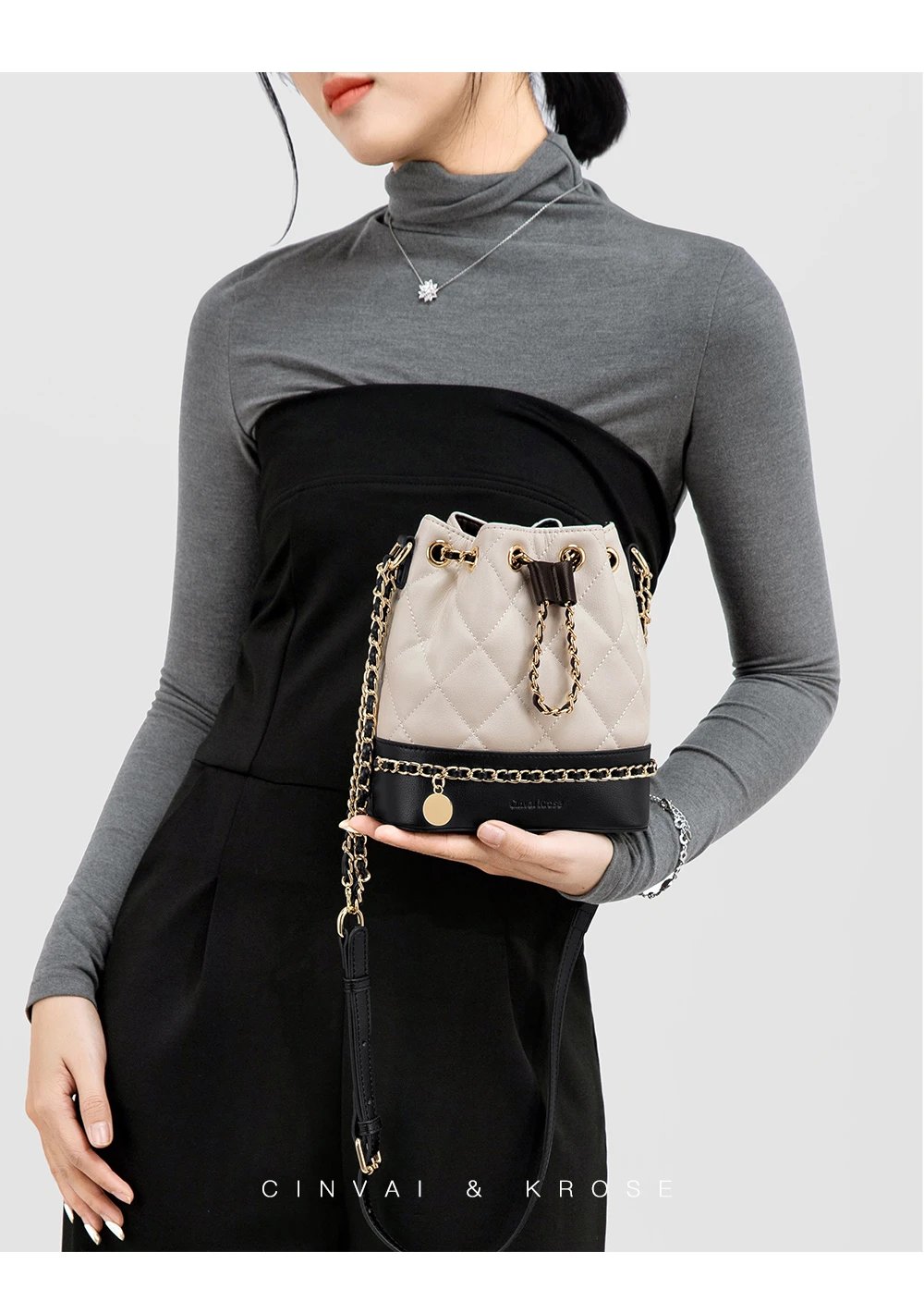 Cinvai &amp; Krose Quilted Beige Black Chain Strap Bucket Bag