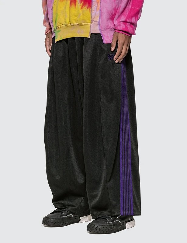 Black Wide Leg Track Pants With Green Stripes Streetwear