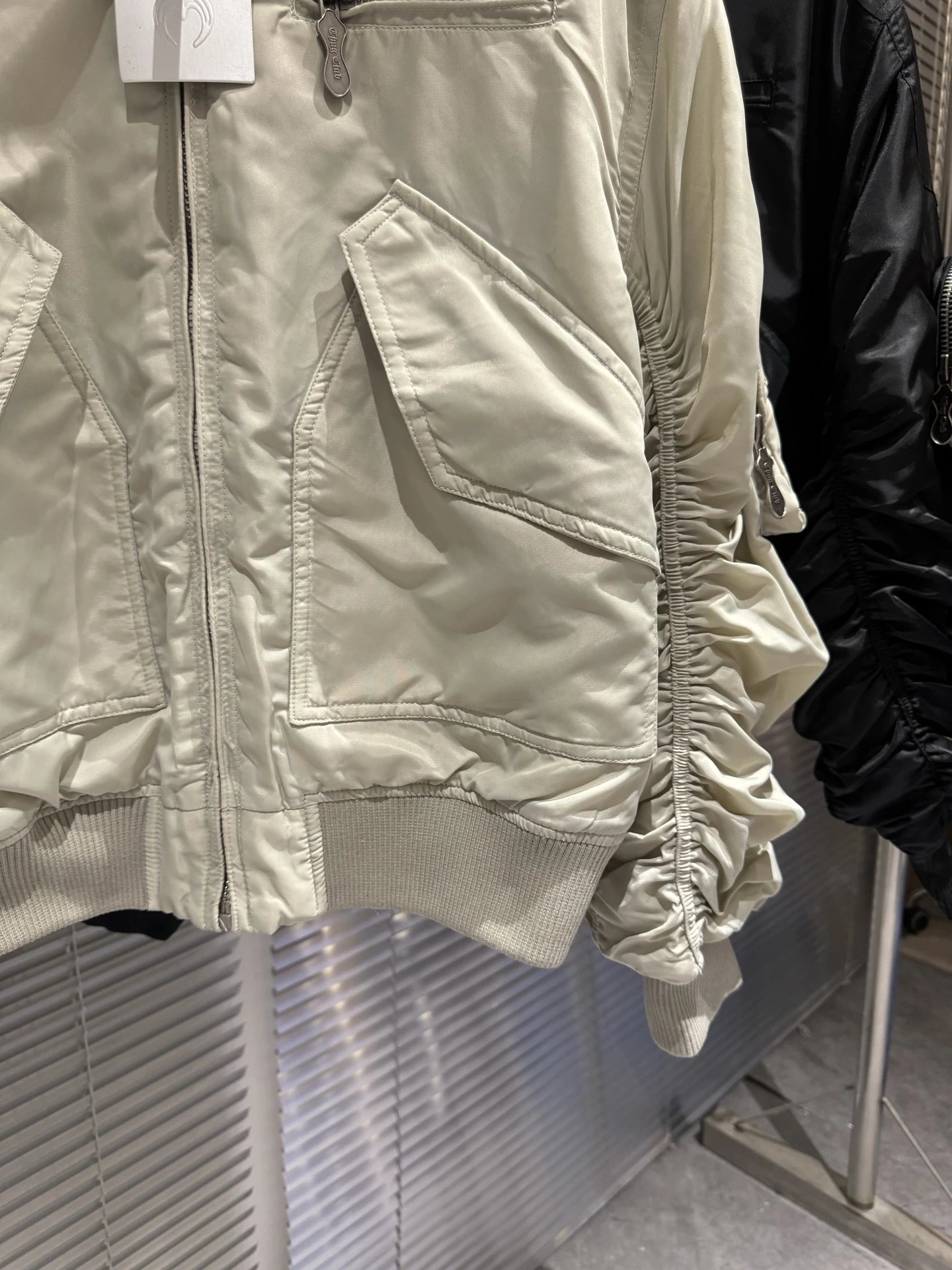 Design Ruched Sleeve Bomber Jacket Beige Outerwear - 5