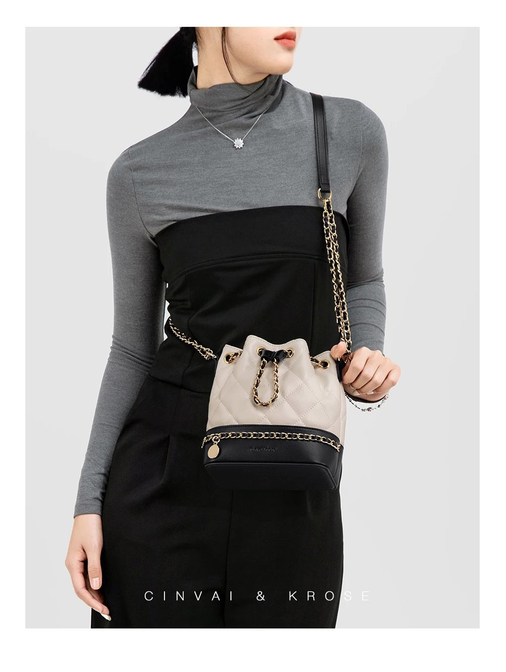 Cinvai &amp; Krose Quilted Beige Black Chain Strap Bucket Bag