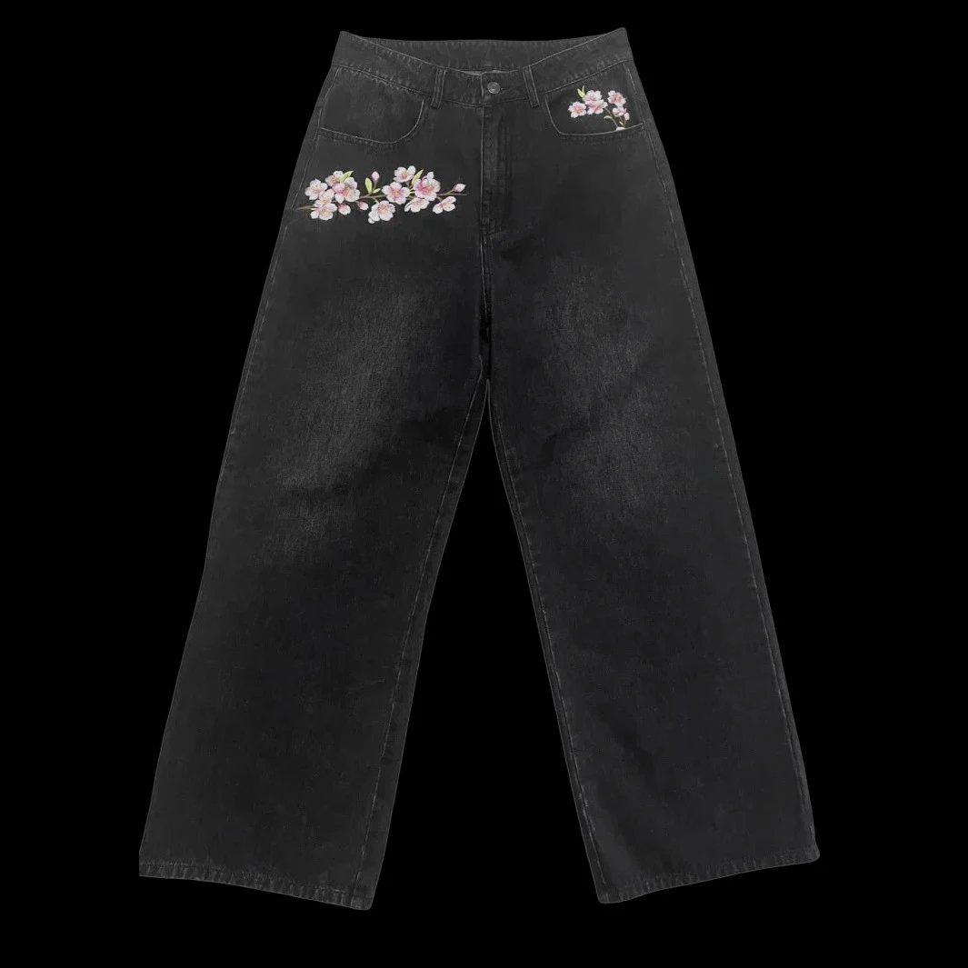 Denim Wide Leg Jeans Gray Floral Embroidered Casual