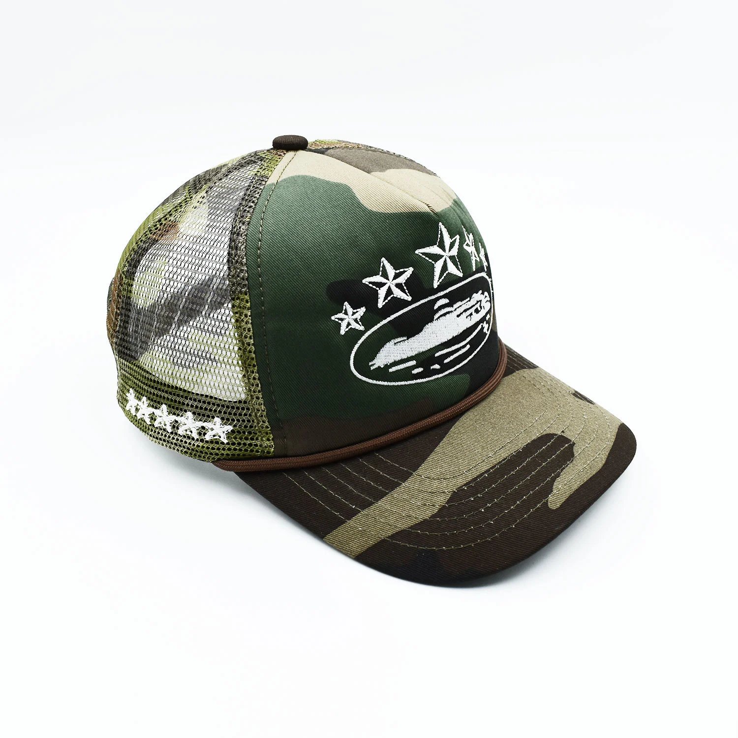 Trucker Hat Black White Embroidered Star Boat Mesh Cap