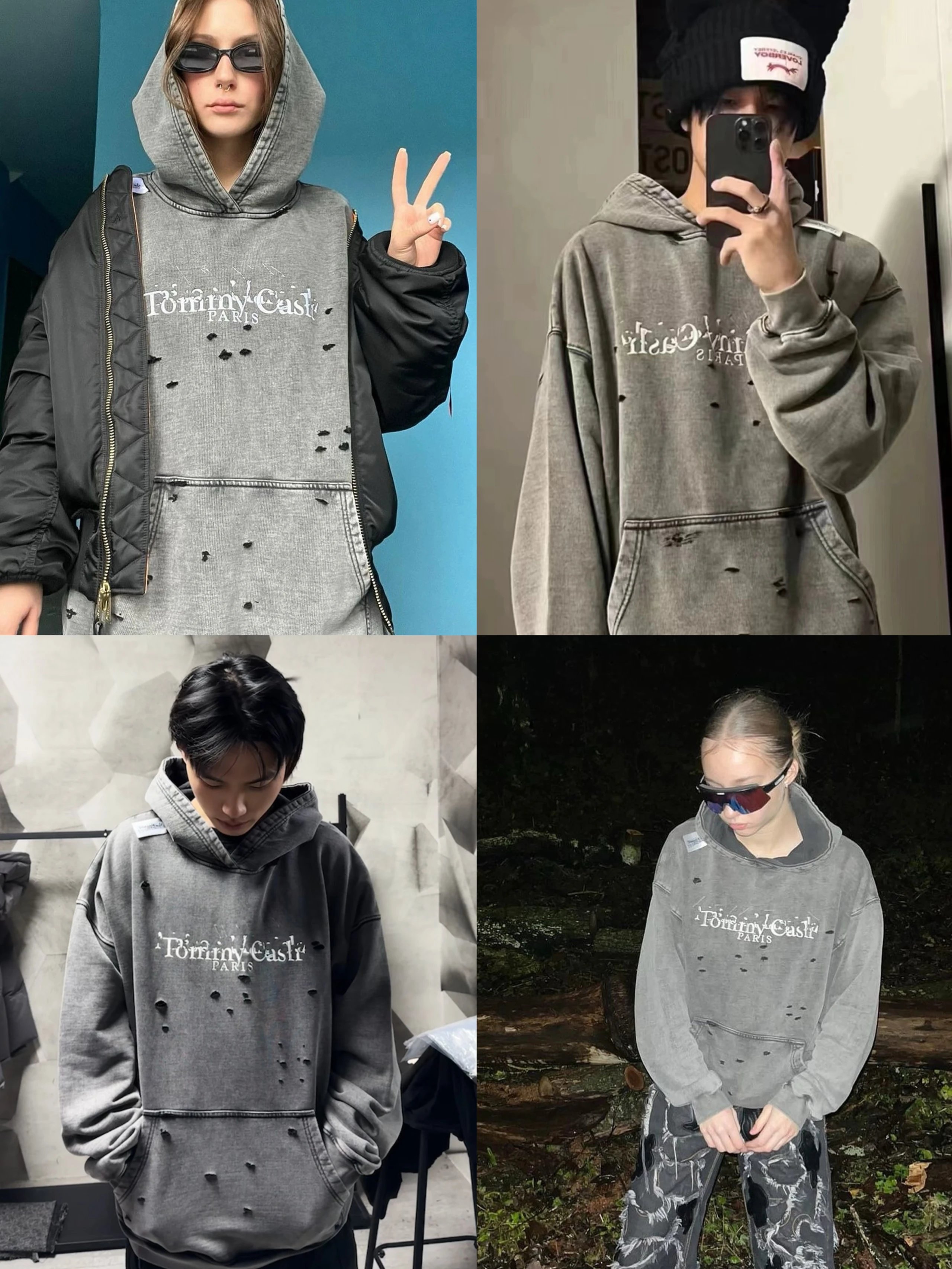 Tommy Cash Gray Distressed Embroidered Hooded Sweatshirt