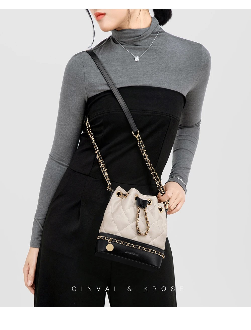 Cinvai &amp; Krose Quilted Beige Black Chain Strap Bucket Bag