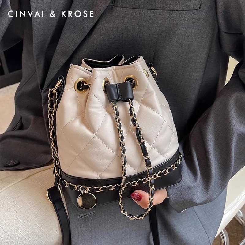 Cinvai &amp; Krose Quilted Beige Black Chain Strap Bucket Bag