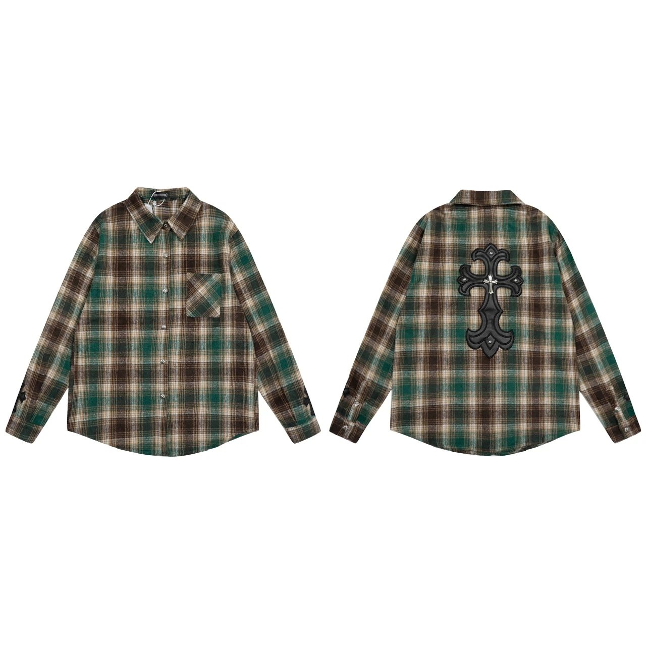 Chrome Hearts Red Beige Plaid Embroidered Cross Shirt