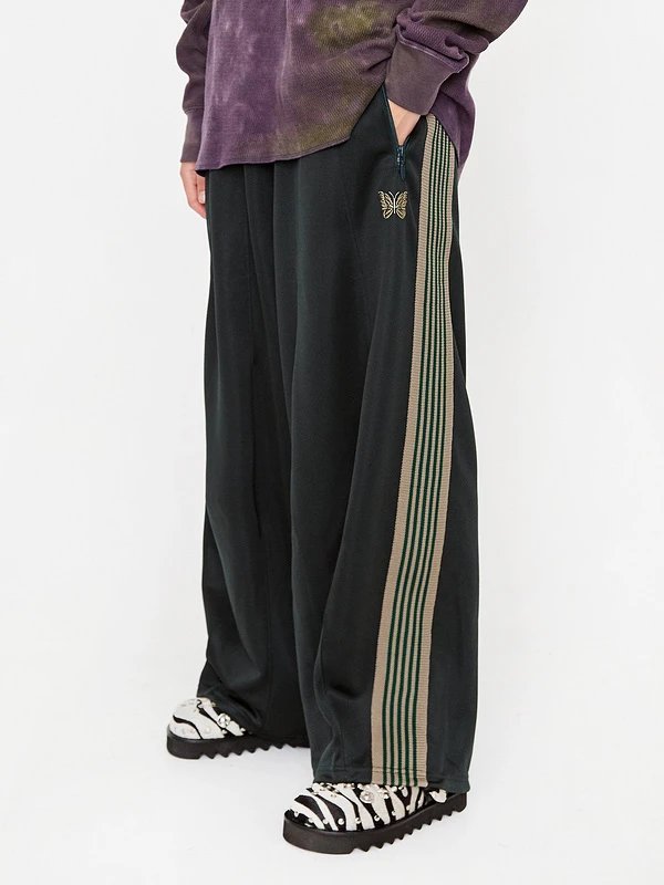 Black Wide Leg Track Pants With Green Stripes Streetwear