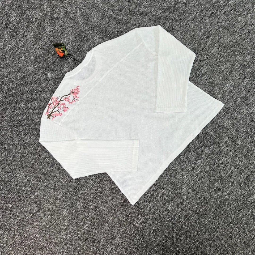 White Long Sleeve Top White Cherry Blossom Embroidered Casual Shirt