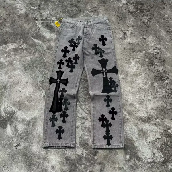 Chrome Hearts Cross-Embellished Distressed Gray Jeans - 1