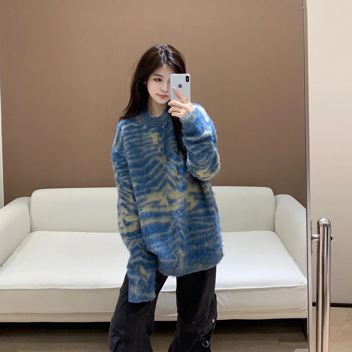 Oversized Blue Beige Striped Knit Sweater Gray Cargo Pants