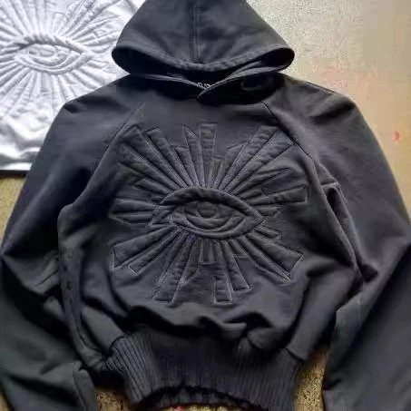White Embroidered Eye Motif Cropped Hoodie
