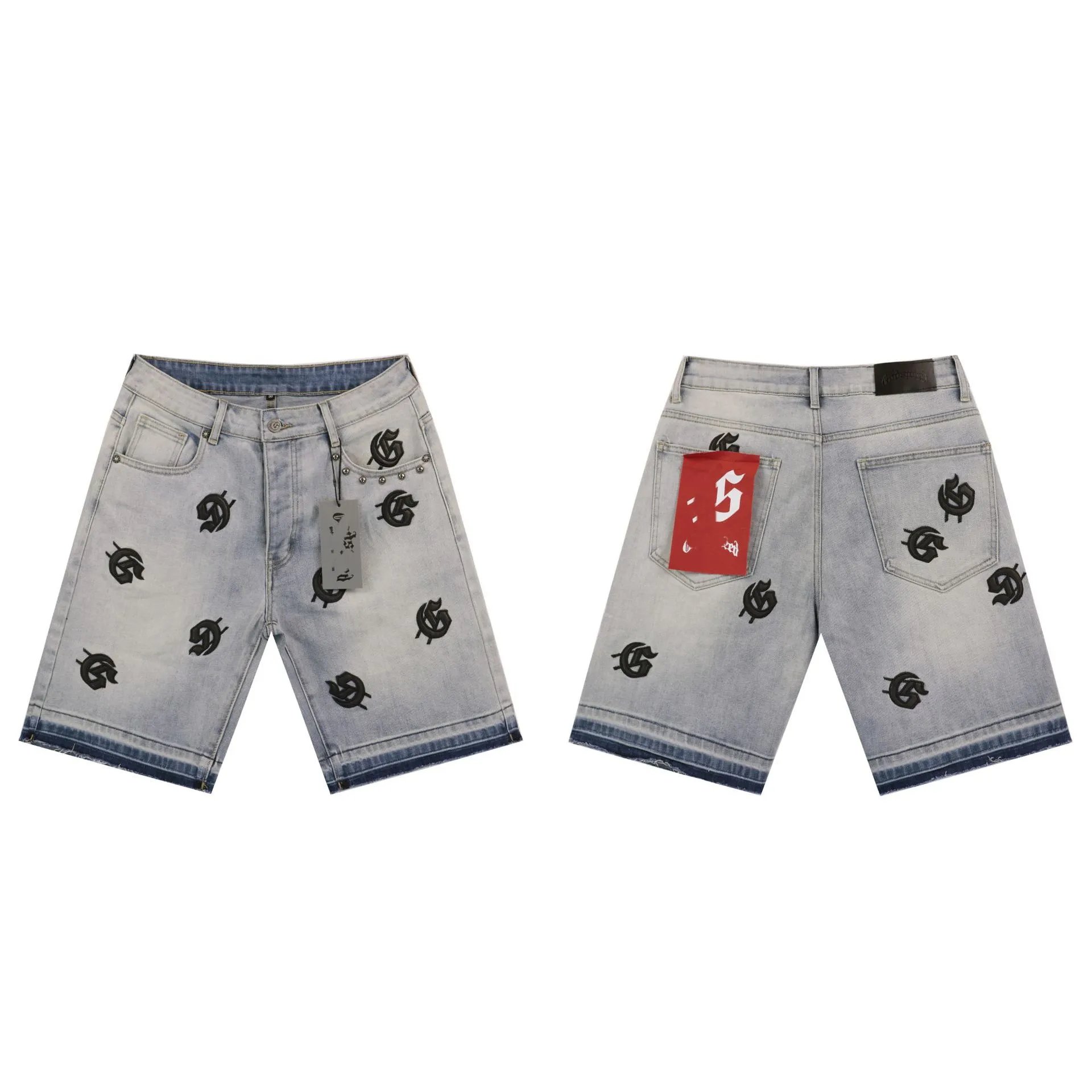 Denim Shorts Light Gray Medium Gray Black Distressed Graphic Print