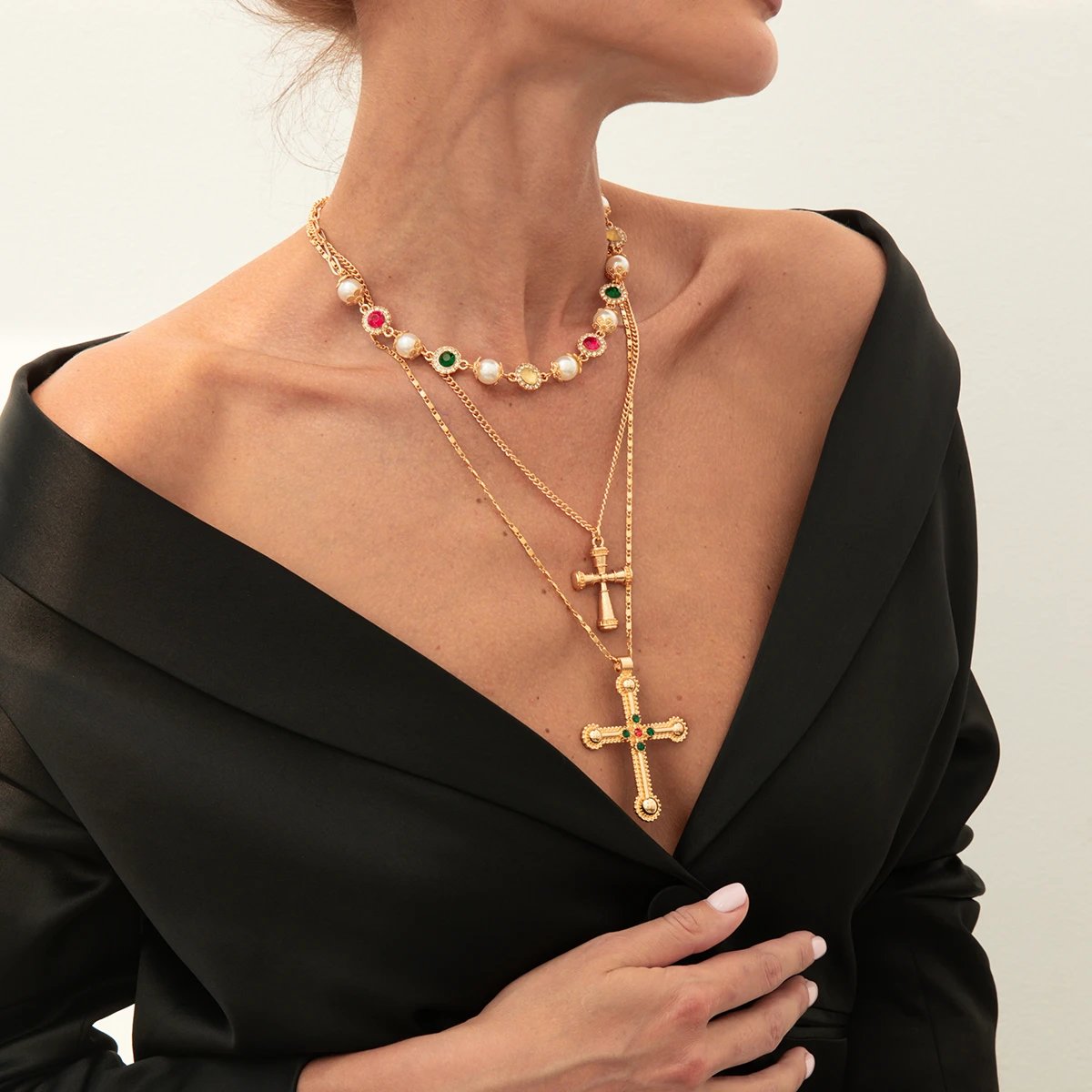 Gold Tone Multi Layered Pearl Gemstone Cross Necklace