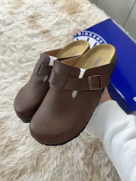 Birkenstock Boston Brown Leather Clog Shoes - 1