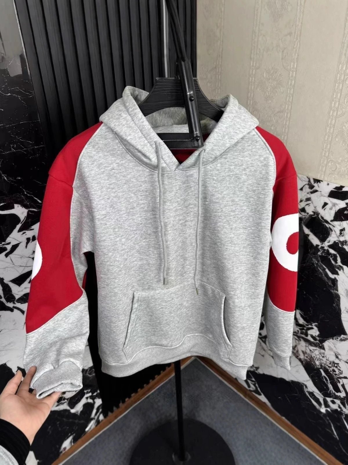 Supreme Logo Red Gray Colorblock Hooded Sweatshirt