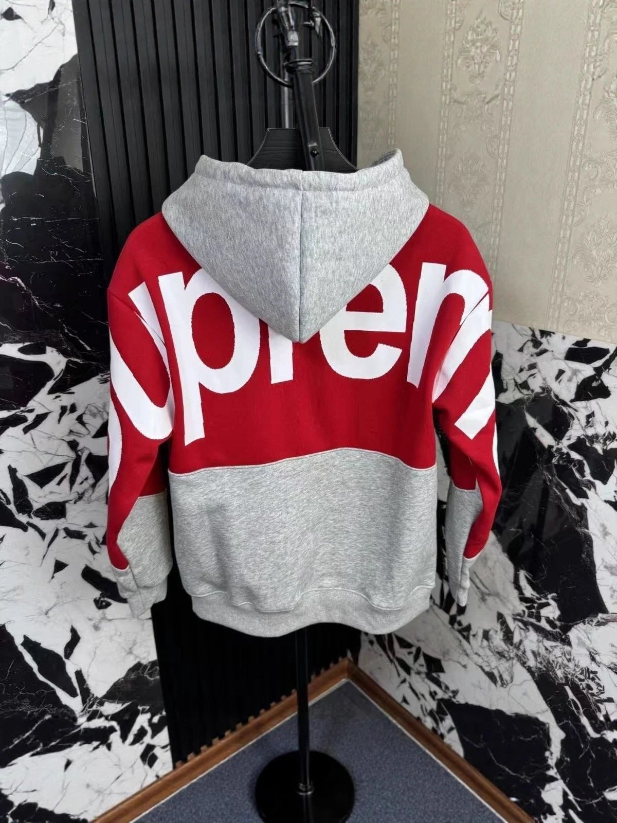 Supreme Logo Red Gray Colorblock Hooded Sweatshirt