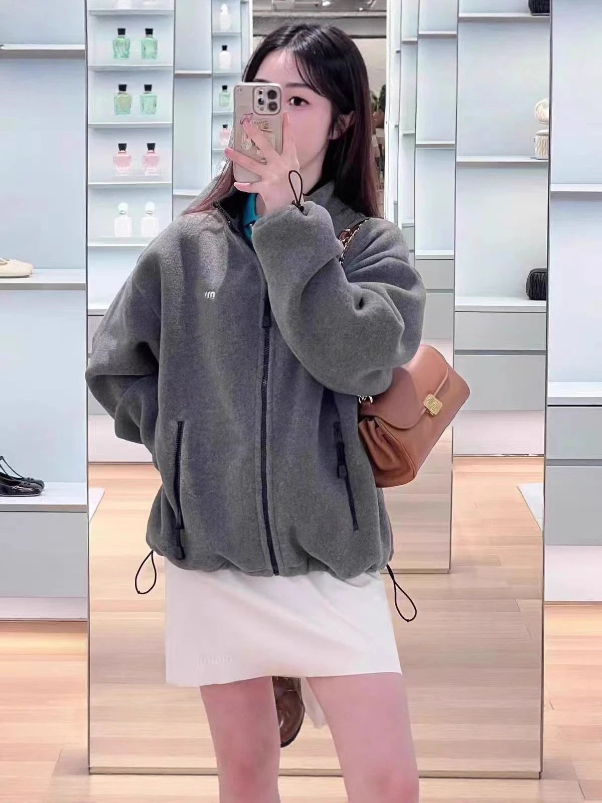 Oversized Fleece Zip-Up Jacket Gray Streetwear