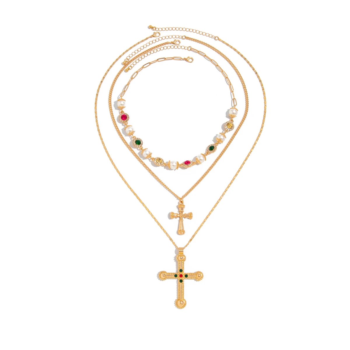Gold Tone Multi Layered Pearl Gemstone Cross Necklace