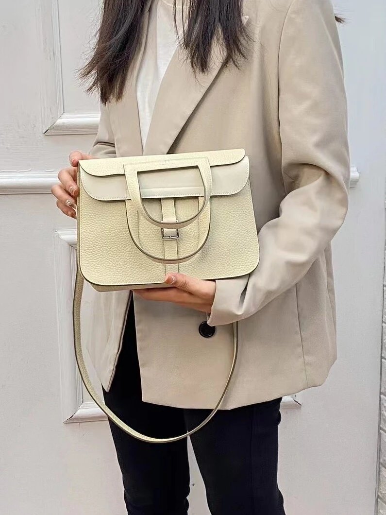 Structured Leather Crossbody Bag Light Gray Minimalist Handbag