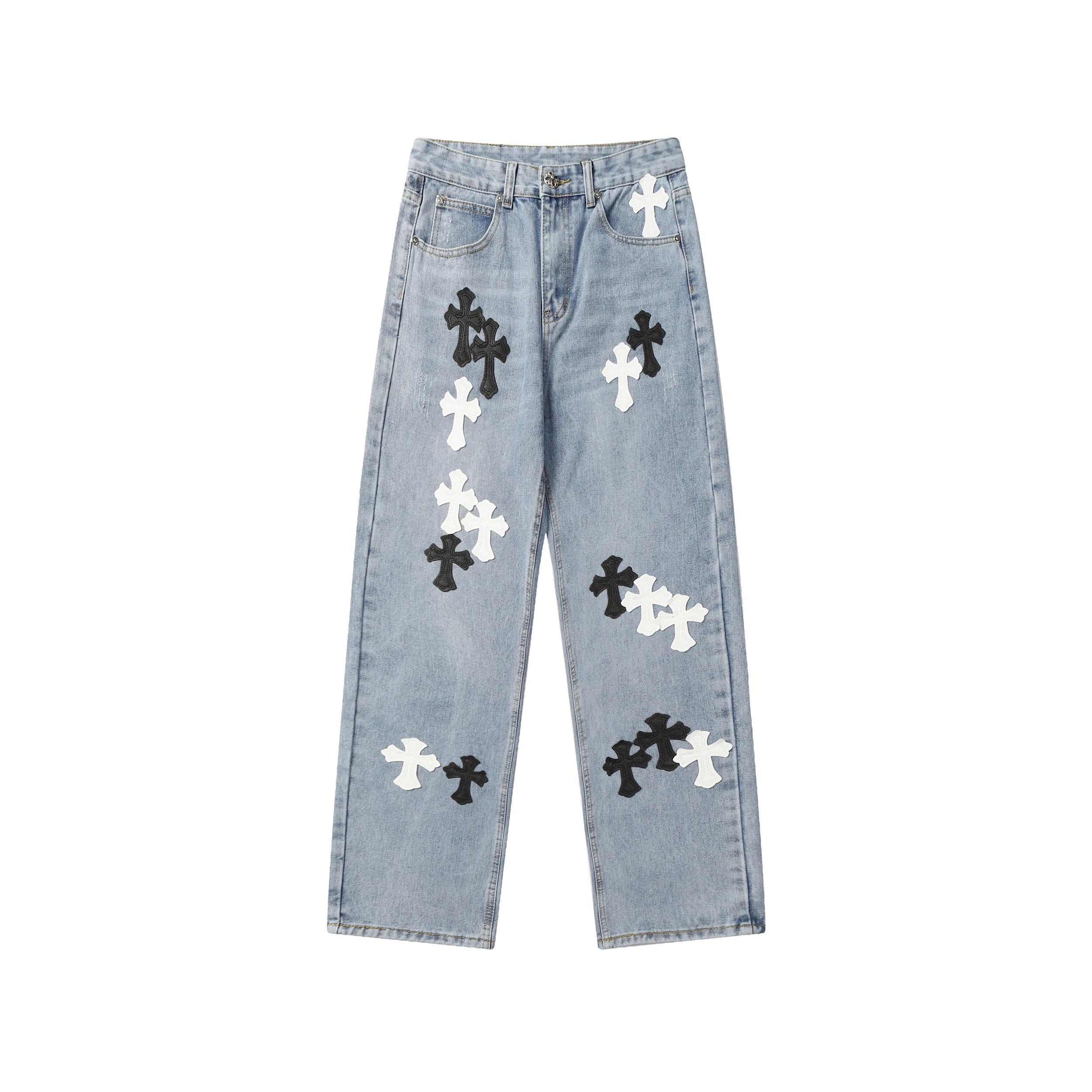 Cross Embroidered Denim Jeans Assorted Colors Streetwear