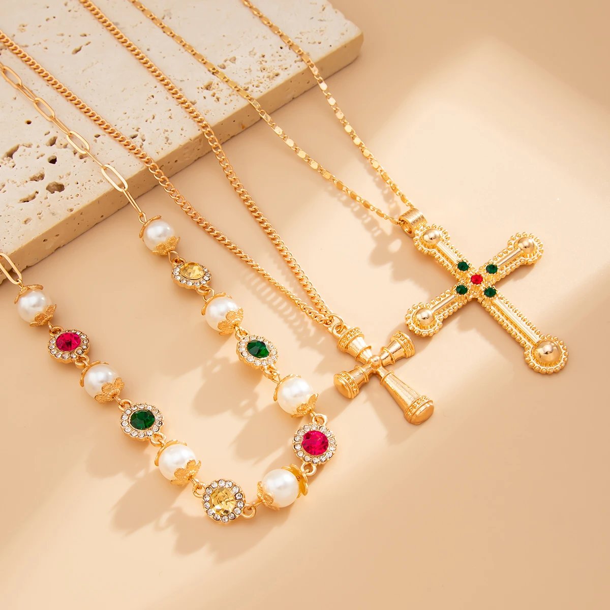Gold Tone Multi Layered Pearl Gemstone Cross Necklace