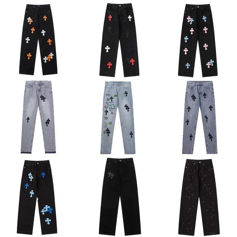 Cross Embroidered Denim Jeans Assorted Colors Streetwear