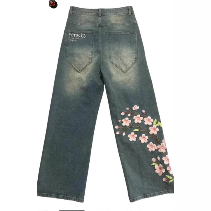Denim Wide Leg Jeans Gray Floral Embroidered Casual
