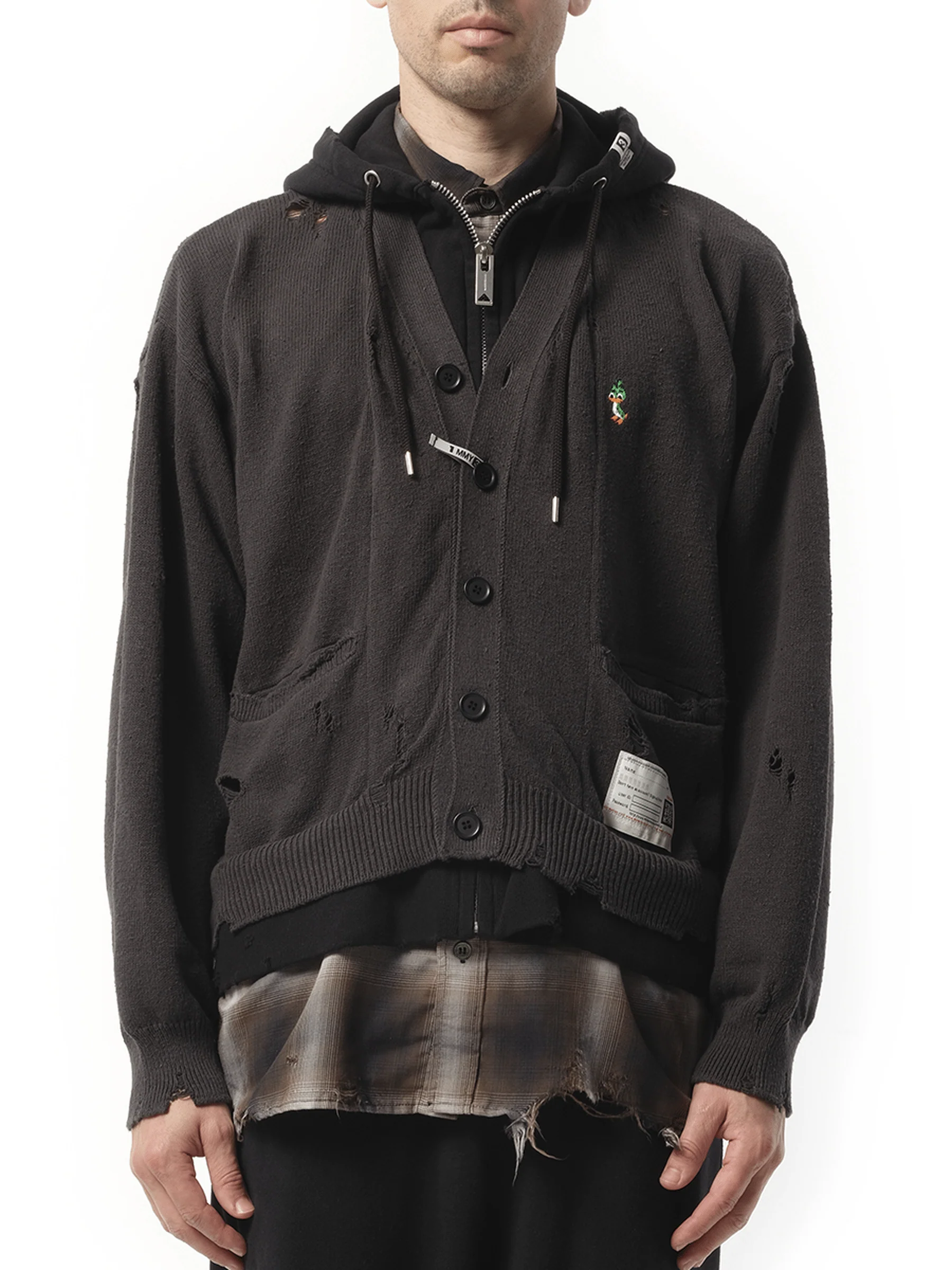 Distressed Knit Hooded Cardigan Black Deconstructed Streetwear