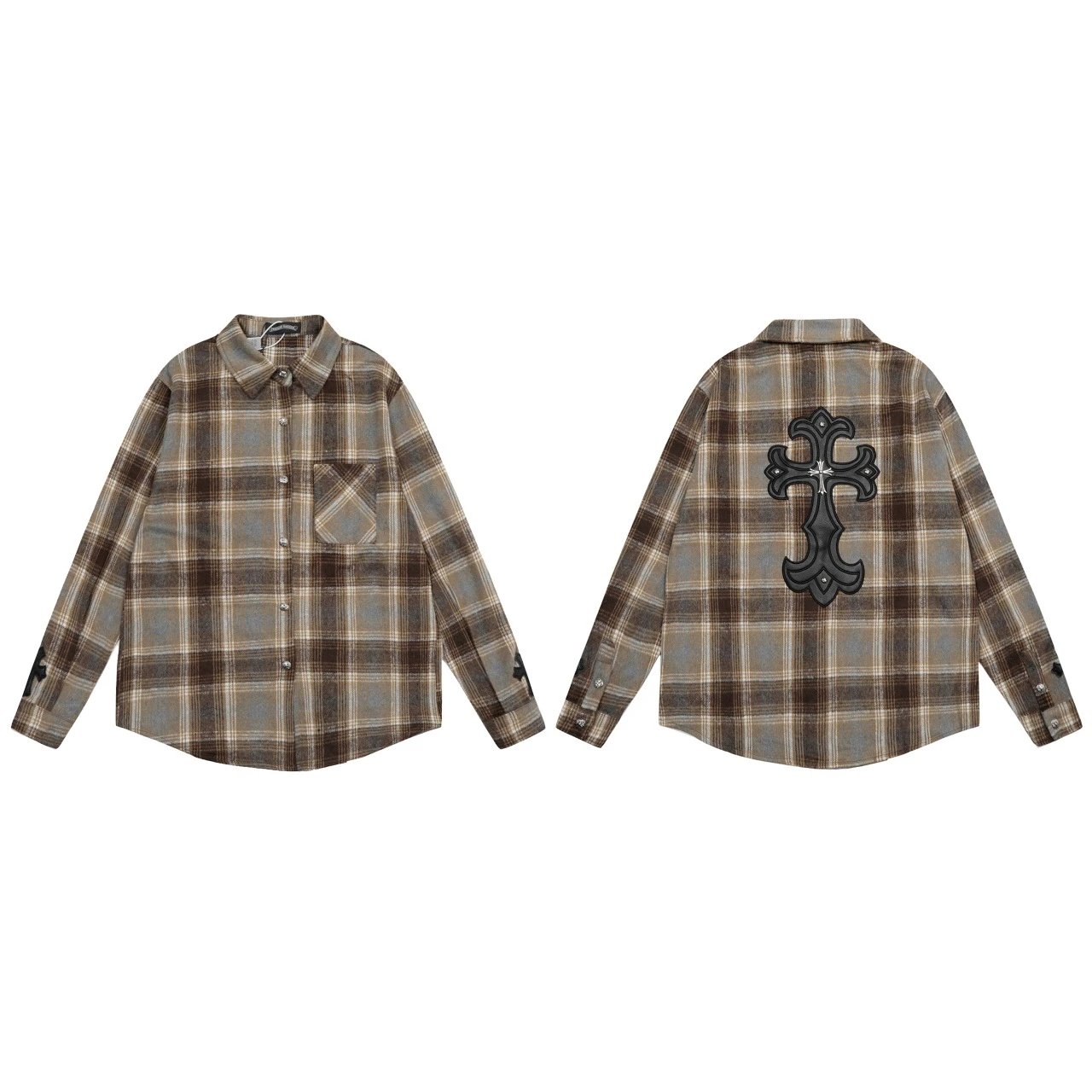 Chrome Hearts Red Beige Plaid Embroidered Cross Shirt