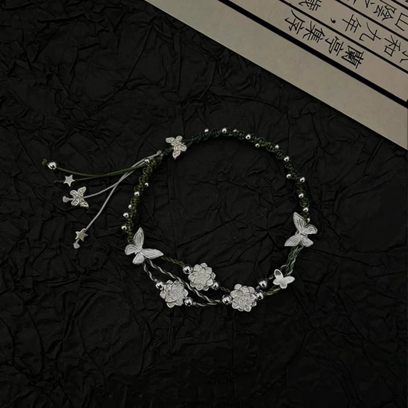 Handmade Green Cord Silver Butterfly Flower Adjustable Bracelet