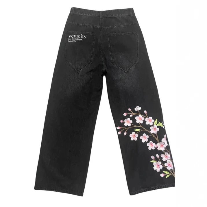 Denim Wide Leg Jeans Gray Floral Embroidered Casual