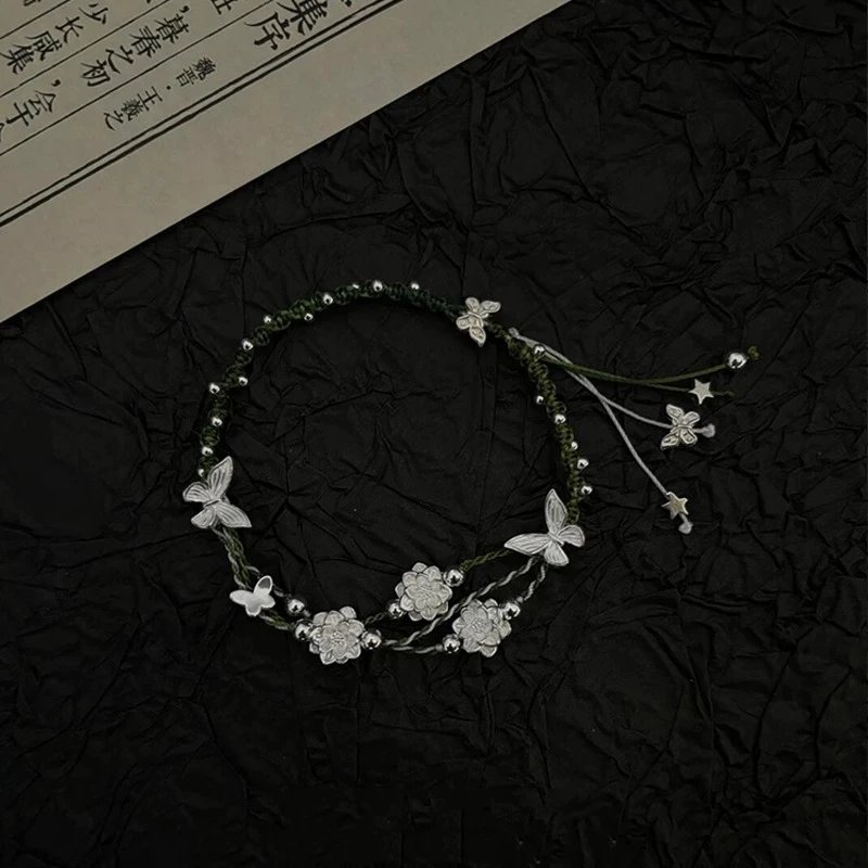 Handmade Green Cord Silver Butterfly Flower Adjustable Bracelet