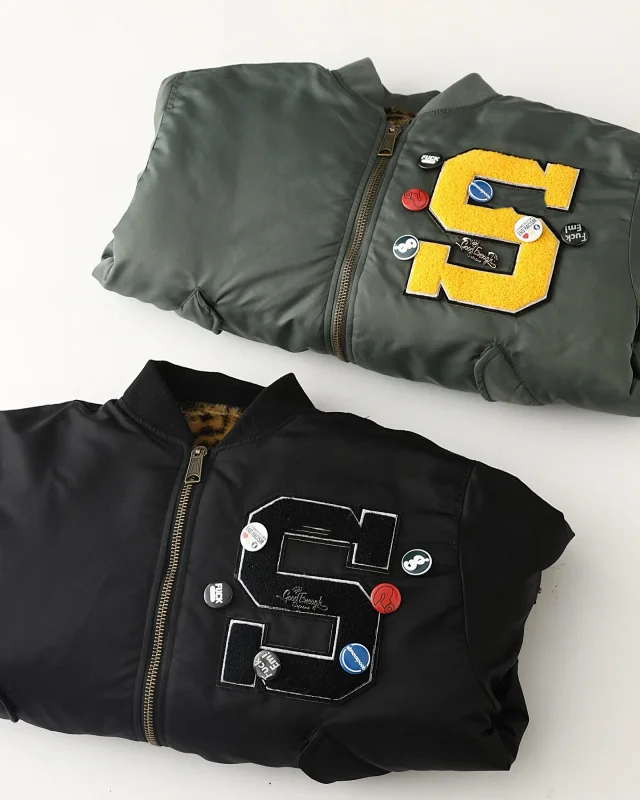 Black Bomber Jacket with Leopard Lining and Embroidered S25 Logo