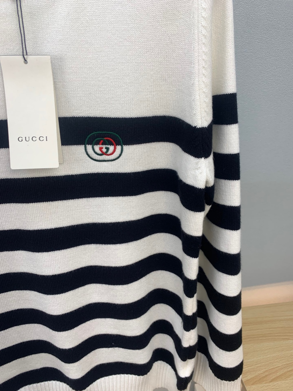 Gucci Striped White Navy Blue Crewneck Sweater