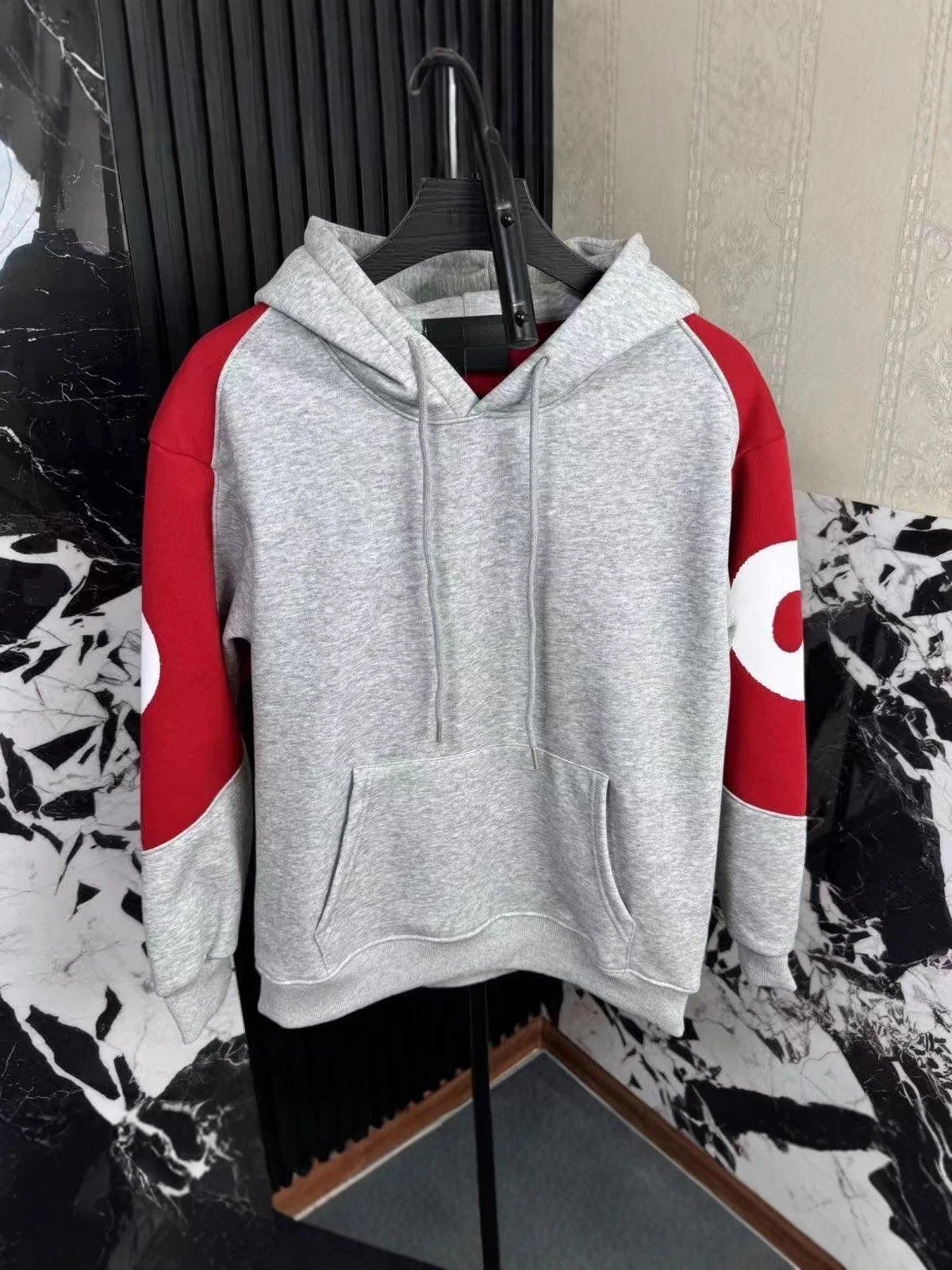 Supreme Logo Red Gray Colorblock Hooded Sweatshirt
