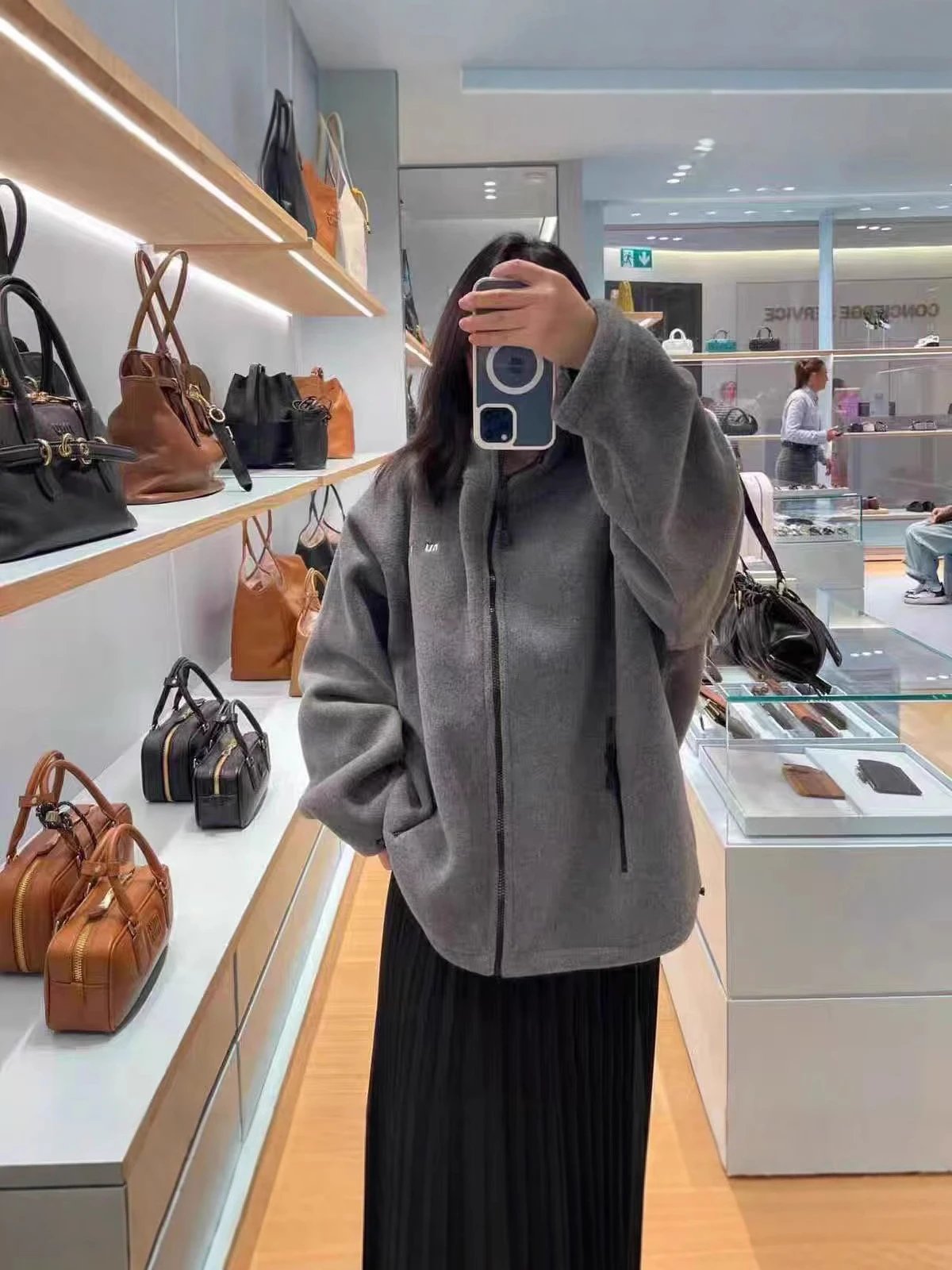 Oversized Fleece Zip-Up Jacket Gray Streetwear