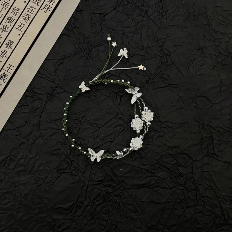 Handmade Green Cord Silver Butterfly Flower Adjustable Bracelet
