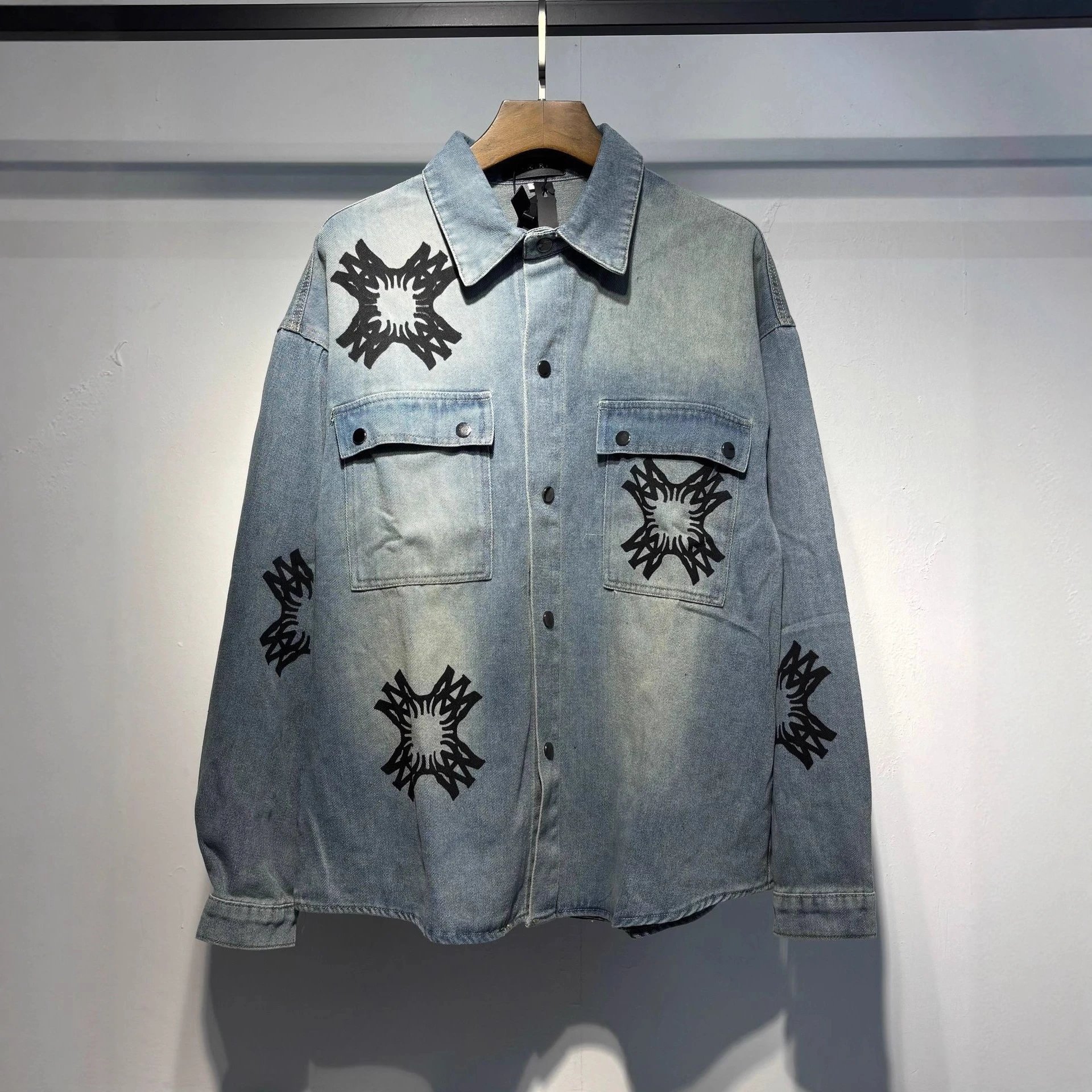Denim Oversized Shirt Light Blue Black Star Embroidered Casual Jacket