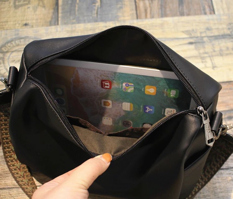 Black Leather Crossbody Bag With Woven Strap Boho Style