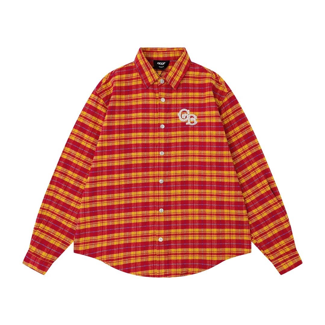 CR Plaid Shirt Blue Beige Casual Flannel Shirt Red Yellow Embroidered Back