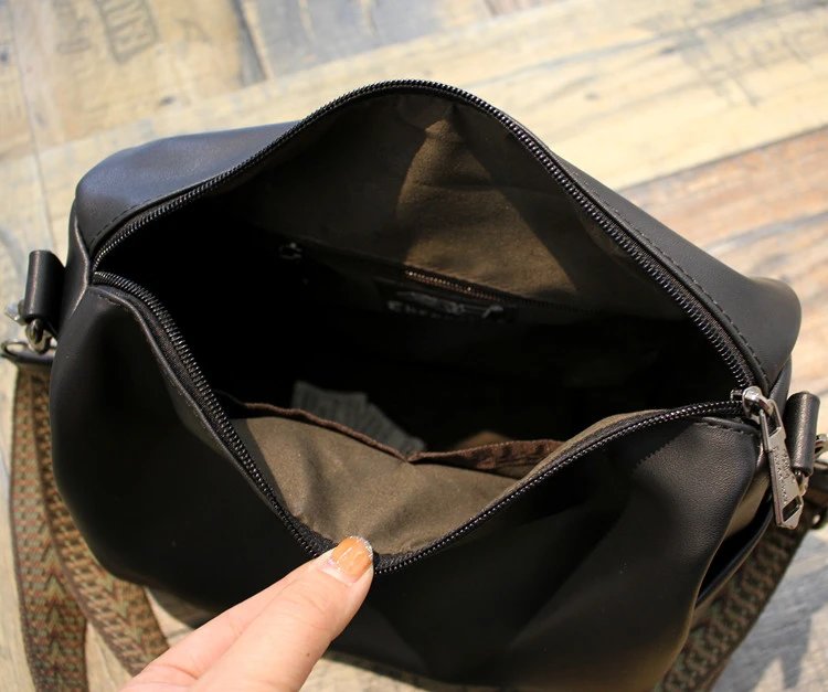 Black Leather Crossbody Bag With Woven Strap Boho Style