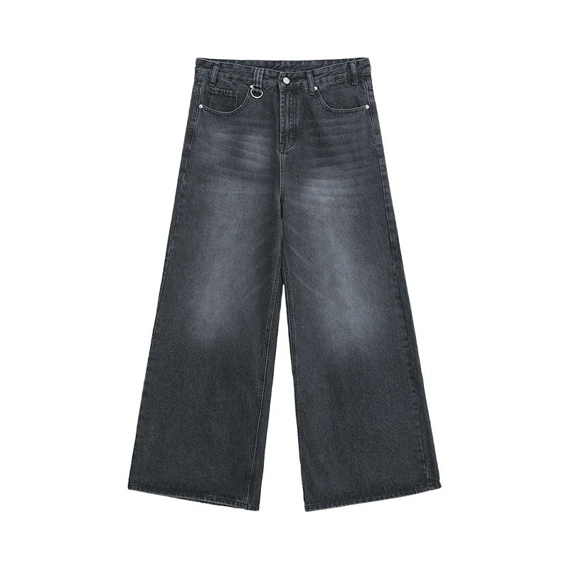 Black Wide Leg Denim Pants With Metal Ring Detail