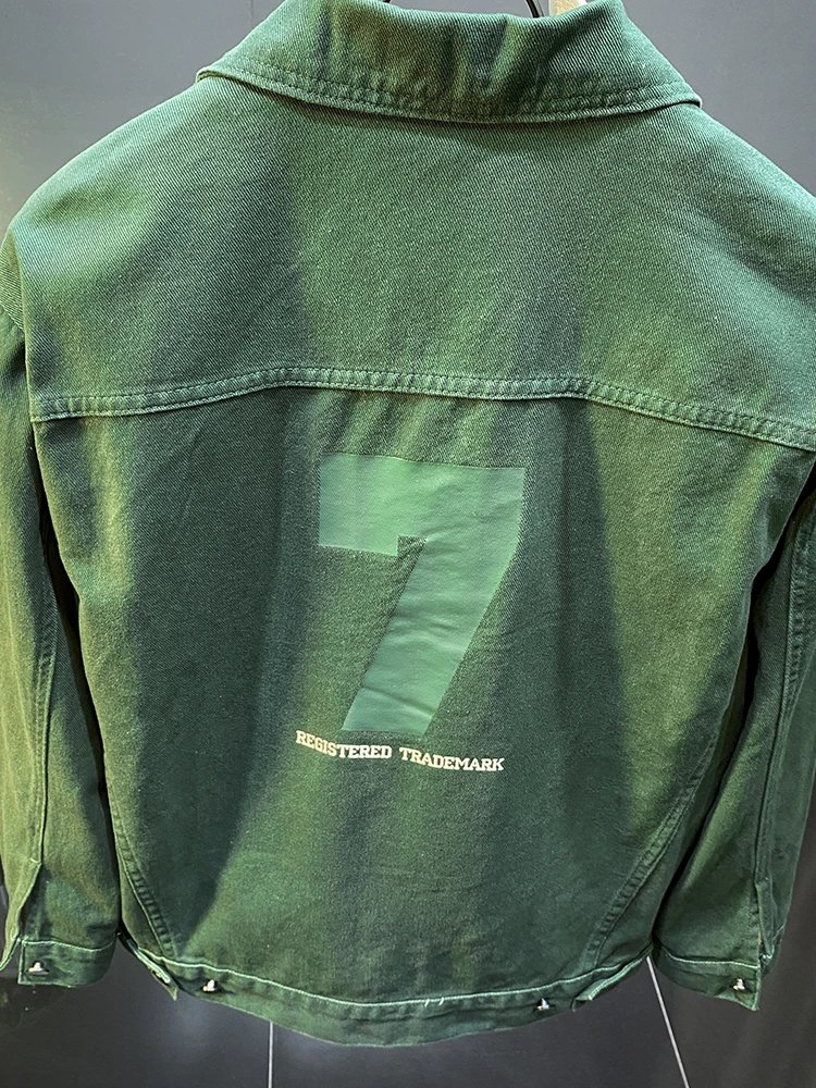 Green Denim Jacket with Embroidered Number 7 Vintage Workwear