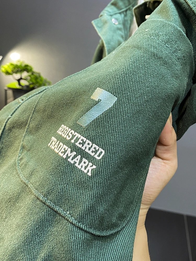 Green Denim Jacket with Embroidered Number 7 Vintage Workwear
