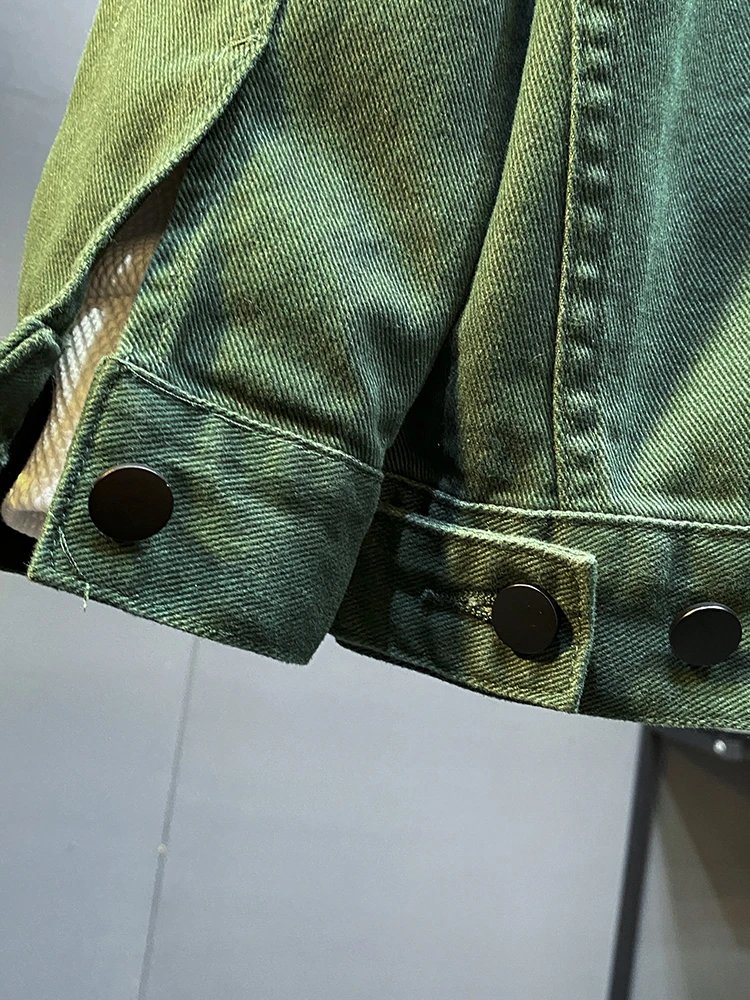 Green Denim Jacket with Embroidered Number 7 Vintage Workwear