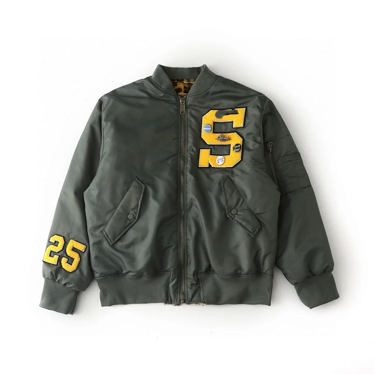 Black Bomber Jacket with Leopard Lining and Embroidered S25 Logo