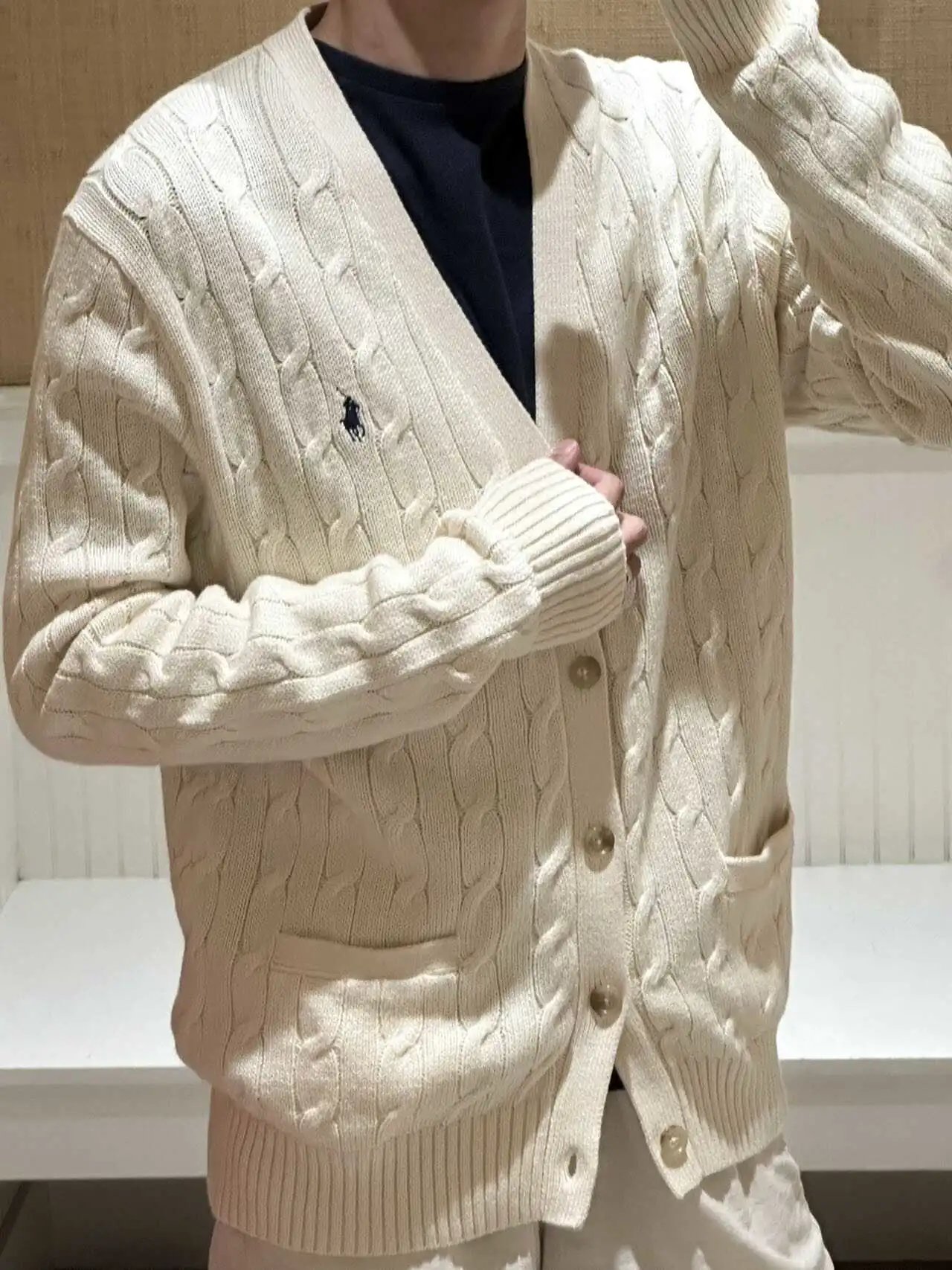 Ralph Lauren new men's pony logo V-neck cable knit cardigan sweater jacket
