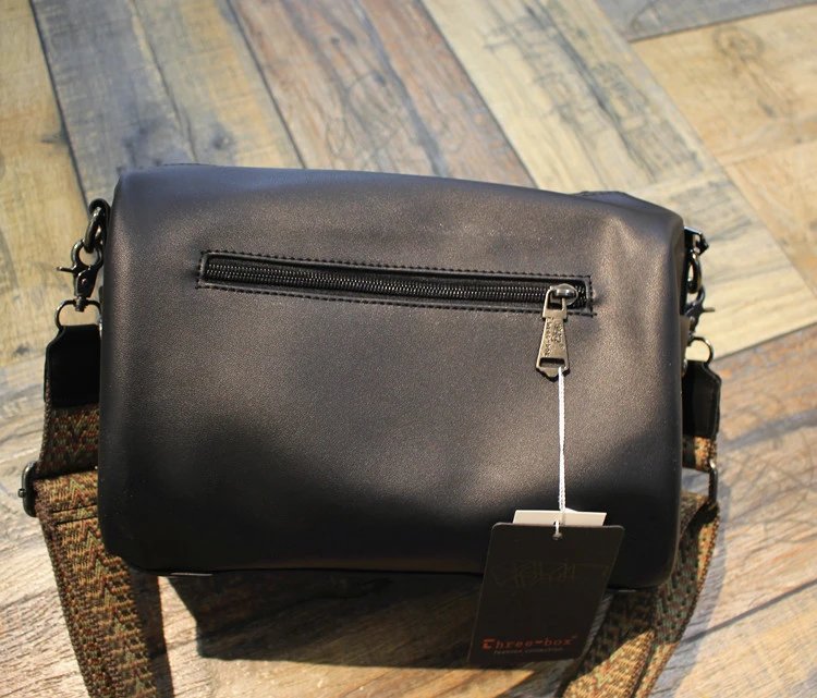 Black Leather Crossbody Bag With Woven Strap Boho Style