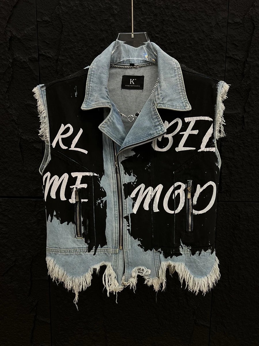 Denim Vest Black White Graffiti Distressed Biker Style