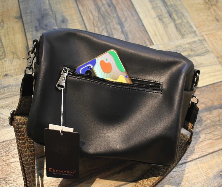 Black Leather Crossbody Bag With Woven Strap Boho Style